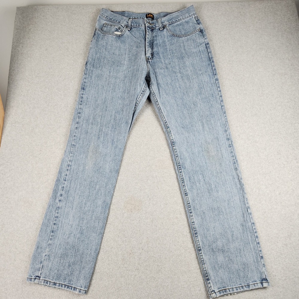 Lee Jeans Mens 33x34 Blue Denim Light Wash 5-Pockets Relaxed Fit Straight Leg